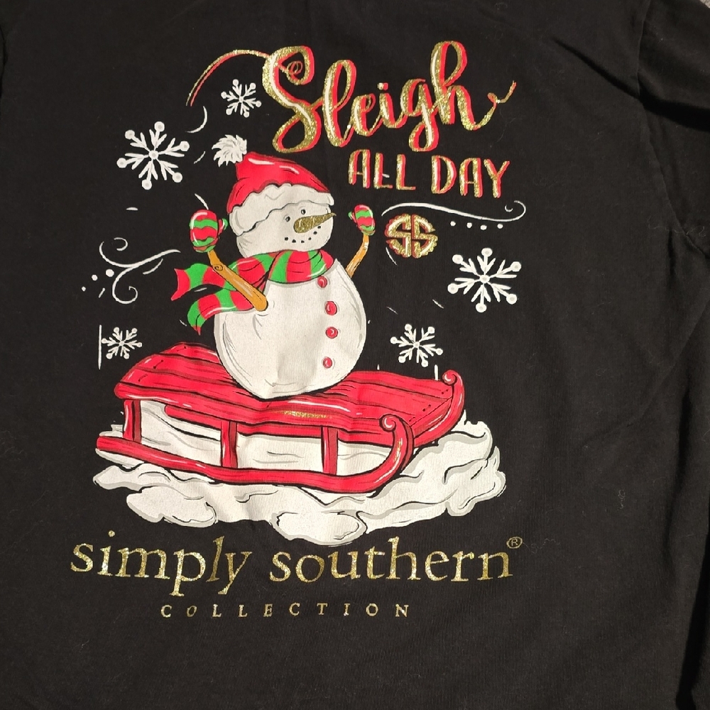 Simply Southern Black Tee with Red, White & Gold Snowman Sled Design